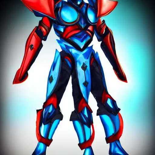 Image similar to High Fantasy Kamen Rider, blue armor with red secondary color, 4k, glowing eyes, daytime, rubber suit, dragon inspired armor, Guyver Dark Hero armor