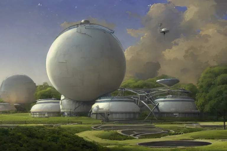 Image similar to an impressive science fiction big factory with a spherical architecture designed by boeing military and star wars with fat cables and pipes at its base, on a beautiful green hill in a the french countryside during spring season, painting by studio ghibli backgrounds and louis remy mignot hd, nice lighting, smooth tiny details, soft and clear shadows, low contrast, perfect