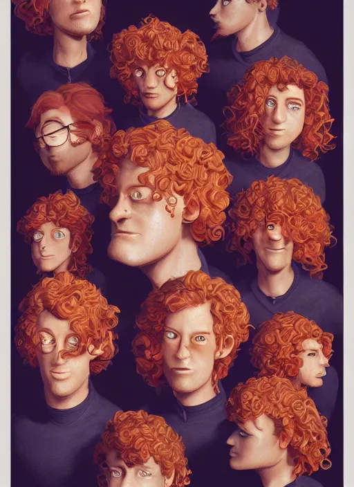 Prompt: illustration of curly orange hair men as a pixar film poster, smooth, intricate, octane, reflects, masterpiece artwork, ultra detailed, artgerm, digital art, trending on artstation, behance, deviantart