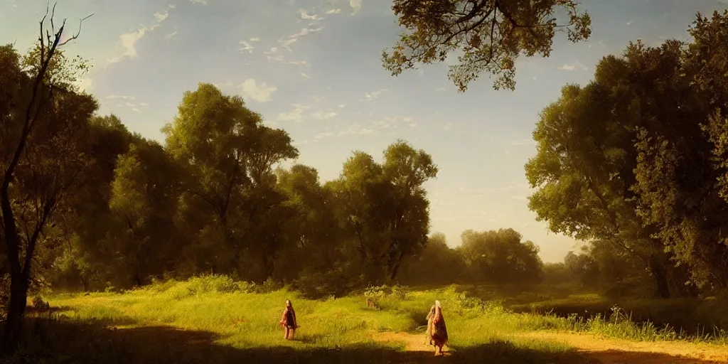 Image similar to summer landscape with beautiful girls walking, faint sunrise, lush field, forest, river, matte painting, by Isaac Levitan and Asher Brown Durand, Greg Rutkowski