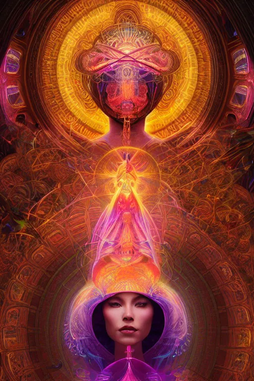 Image similar to a centered render of an alluring goddess wearing a psychedelic bio - mech mask is surrounded by a glorious sacred energy made from geometry and spiral mandel bulb fractals in a magnificent cathedral, powerful, cinematic, beautifully lit, by artgerm, by karol bak, 3 d, trending on artstation, octane render, 8 k