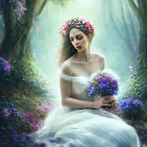 Image similar to a picture of a beautiful woman in a white organza dress and covered in flowers and leaves sitting overlooking an enchanted forest, high fantasy, elegant, epic, detailed, intricate, digital painting, concept art, realistic detailed face, smooth, focus, rim light, detailed 8 5 mm f / 1. 4, anamorphic lens,