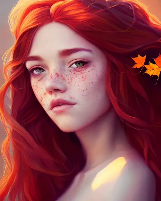 Prompt: autumn princess portrait, tangled red hair, freckles, artgerm, photorealism, radiant halo of light, sylvain sarrailh