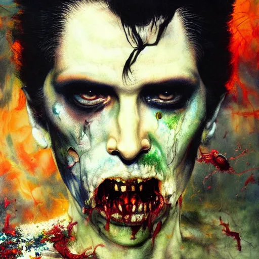 Image similar to UHD photorealistic Zombie Elvis, by Ayami Kojima, Amano, Karol Bak, Mark Brooks, tonalism, rich deep colors. Beksinski painting, art by Adrian Ghenie and Gerhard Richter. art by Takato Yamamoto. masterpiece