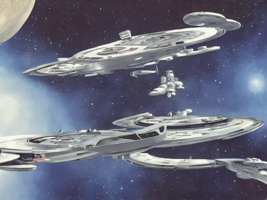 Prompt: The U.S.S. Enterprise from Star Trek, painted in the style of Syd Mead
