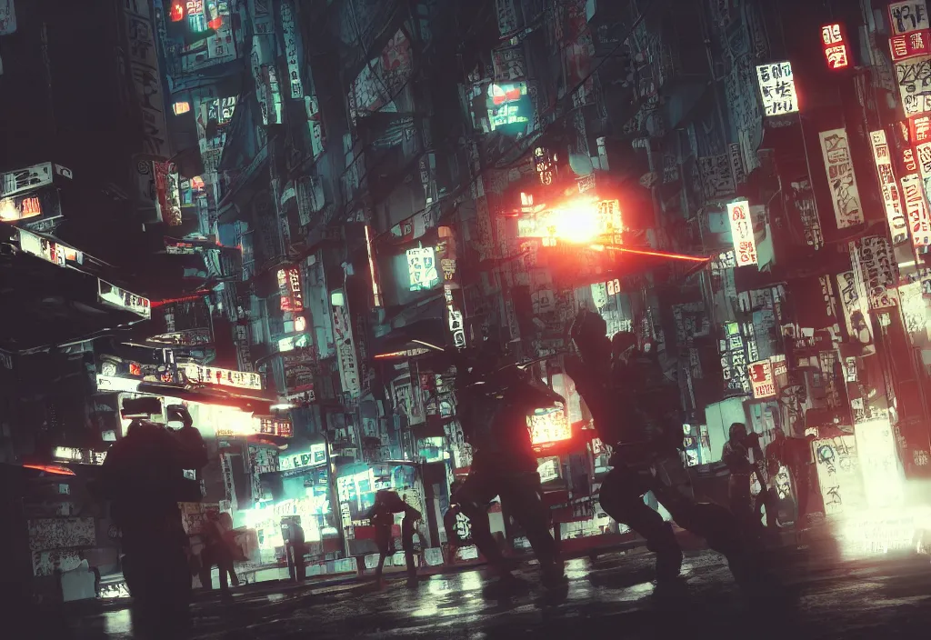 Image similar to film produced by madhouse and directed by takeshi koike tokyo streets cyberpunk style max payne blood trending on artstation cinematic octnae render 8 k