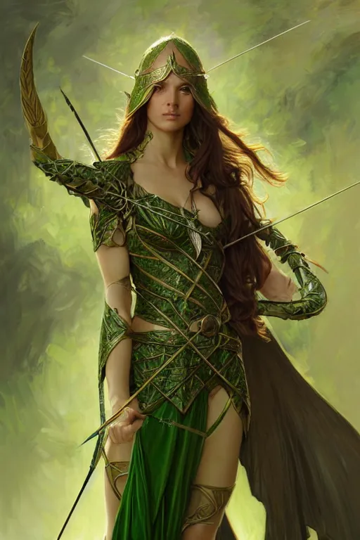 Image similar to male elven Archer armor made of green leaves, fantasy, amber eyes, face, long hair, intricate, elegant, highly detailed, digital painting, artstation, concept art, smooth, sharp focus, illustration, art by artgerm and greg rutkowski and alphonse mucha