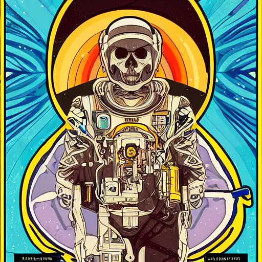 Image similar to astronaut portrait skull female skeleton space in the style of James Roper and Alphonse Mucha illustration art