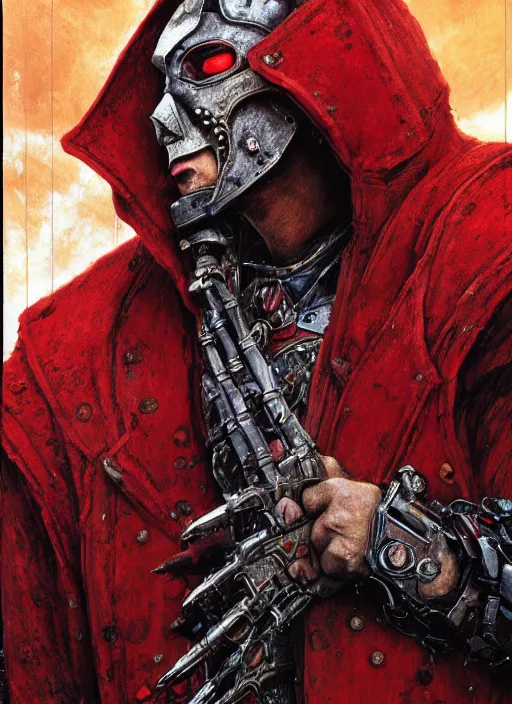 Prompt: portrait of rotten Nicolas Cage as adeptus mechanicus in red hood and robe from Warhammer 40000. Highly detailed, artstation, illustration by and John Blanche and zdislav beksinski and wayne barlowe and Gustav Klimt