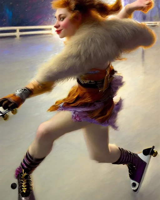 Image similar to white female anthro wolf skating at a roller derby, 4 k, trending on artstation, very expressive detailed face, energetic, action, motion blur, by gaston bussiere, craig mullins, j. c. leyendecker, gustav klimt, artgerm, greg rutkowski, alphonse mucha