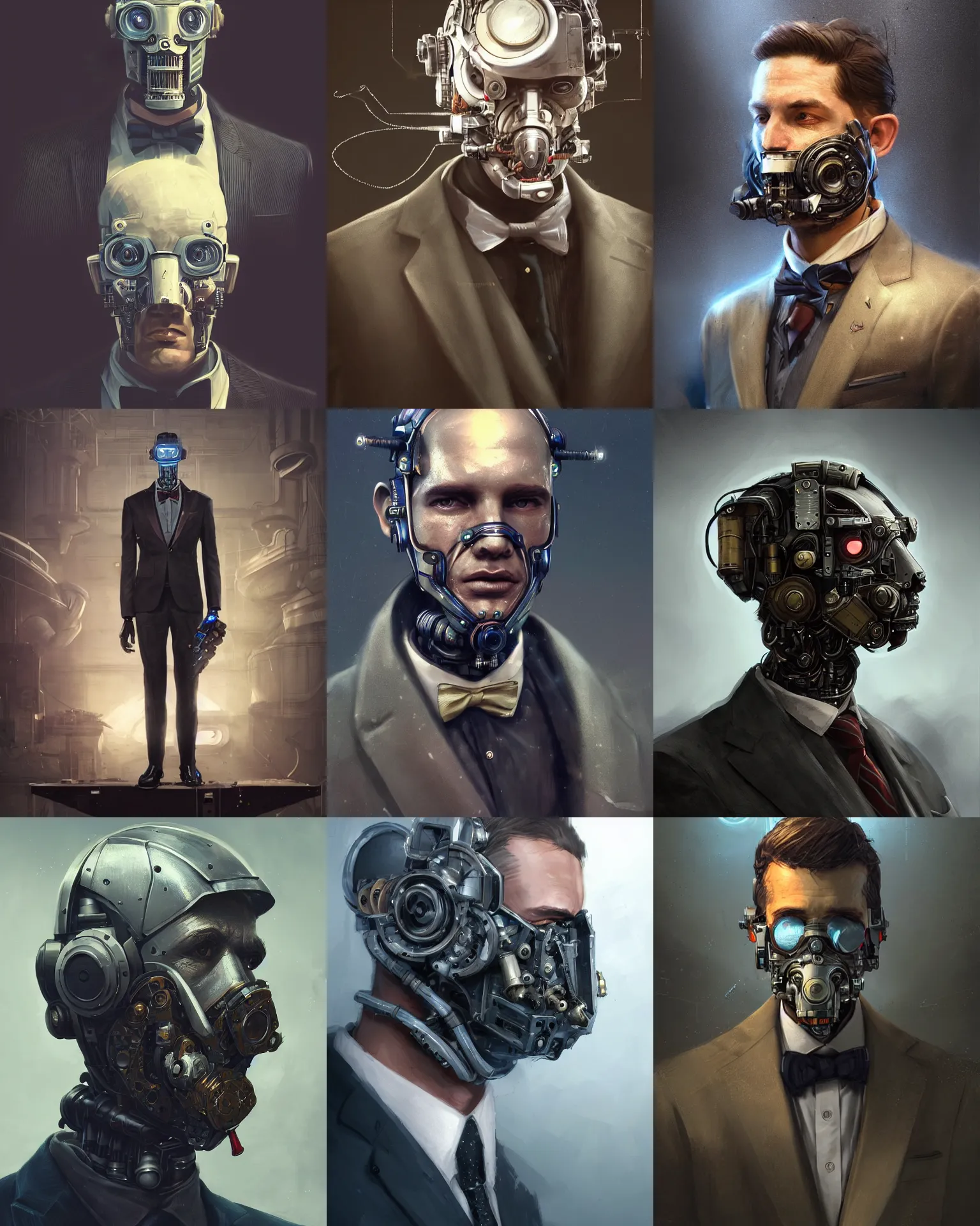 Image similar to a rugged young engineer man with cybernetic enhancements wearing a suit and bowtie, detailed face with mask, scifi character portrait by greg rutkowski, esuthio, craig mullins, 1 / 4 headshot, cinematic lighting, dystopian scifi gear, gloomy, profile picture, mechanical, half robot, implants, steampunk