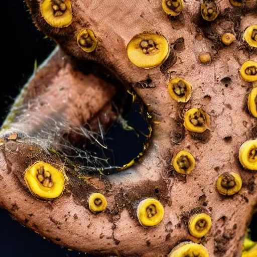 Image similar to a mutated banana with holes in it, there are spiders crawling out of the holes, close up shot.