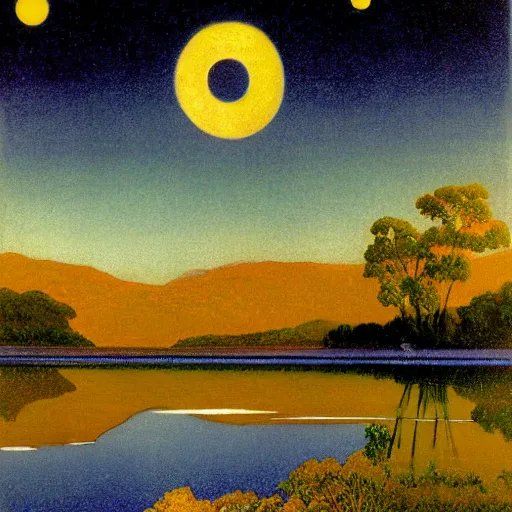 Prompt: night sky reflected in the water, landscape photo by maxfield - parrish