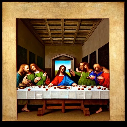 Image similar to last supper by leonardo da vinci bit with pizza