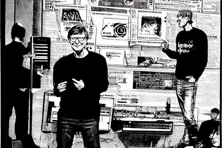 Image similar to microsoft co - founder bill gates presenting the xbox at ces, a page from cyberpunk 2 0 2 0, style of paolo parente, style of mike jackson, adam smasher, johnny silverhand, 1 9 9 0 s comic book style, white background, ink drawing, black and white