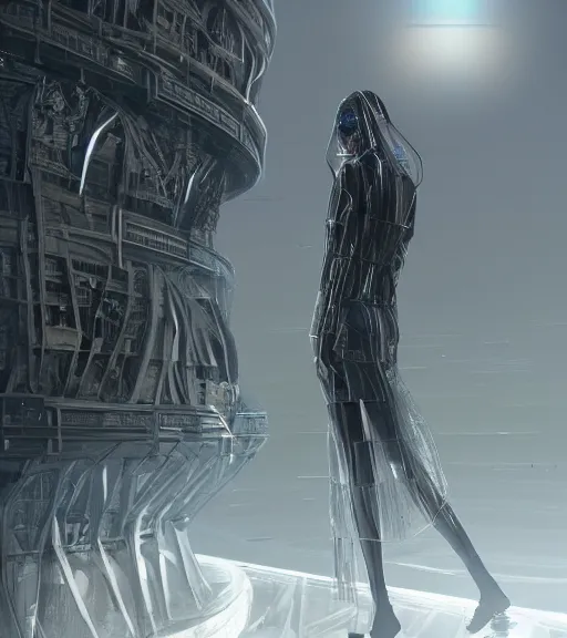 Image similar to tarkovsky greatest scene, the ancient destroyed majestic tower of babylon, woman in futuristic cyber clothing, transparent puffer jacket, hyper realistic, blockchain, cyber world, ambient lighting, concept art, intricate, hyper detailed, smooth, dynamic volumetric lighting, octane, ray trace, cinematic, high quality, high resolution, 4 k, cgsociety