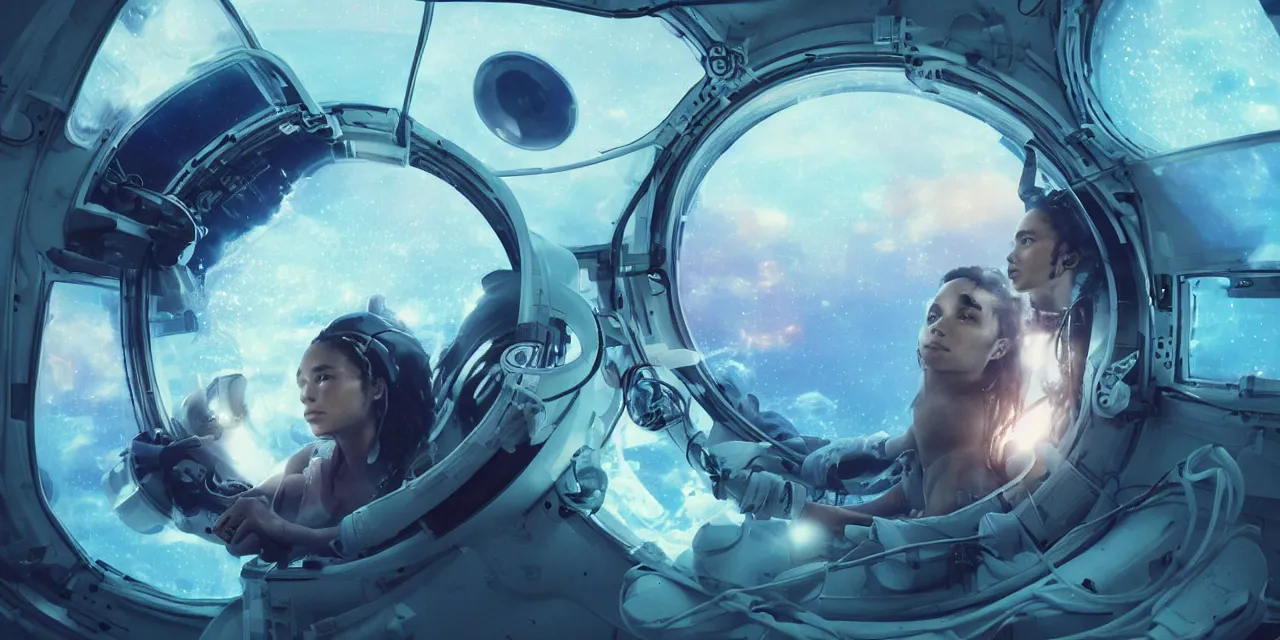 Prompt: Zoe Kravitz futuristic astronaut, inside large window of ship, spacesuit with small led lights, underwater in the ocean at night, clear water, bubbles, volumetric lighting, glowing lights, 4k, octane, digital painting, artstation, concept art, sharp focus, illustration, high contrast, high saturation , cinematic film still, art by artgerm and greg rutkowski and alphonse mucha , wide angle view,