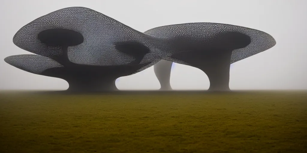 Image similar to white honeycomb organic building with warm illumination inside by ernesto neto sits on the field evening atmosphere in low fog, 4 k, insanely quality, highly detailed, film still from the movie directed by denis villeneuve with art direction by zdzisław beksinski, telephoto lens, shallow depth of field