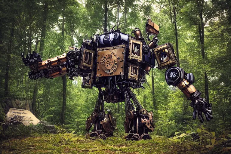 Image similar to steampunk colossal mech robot travels across a swedish forest very low angle photograph trending on artstation