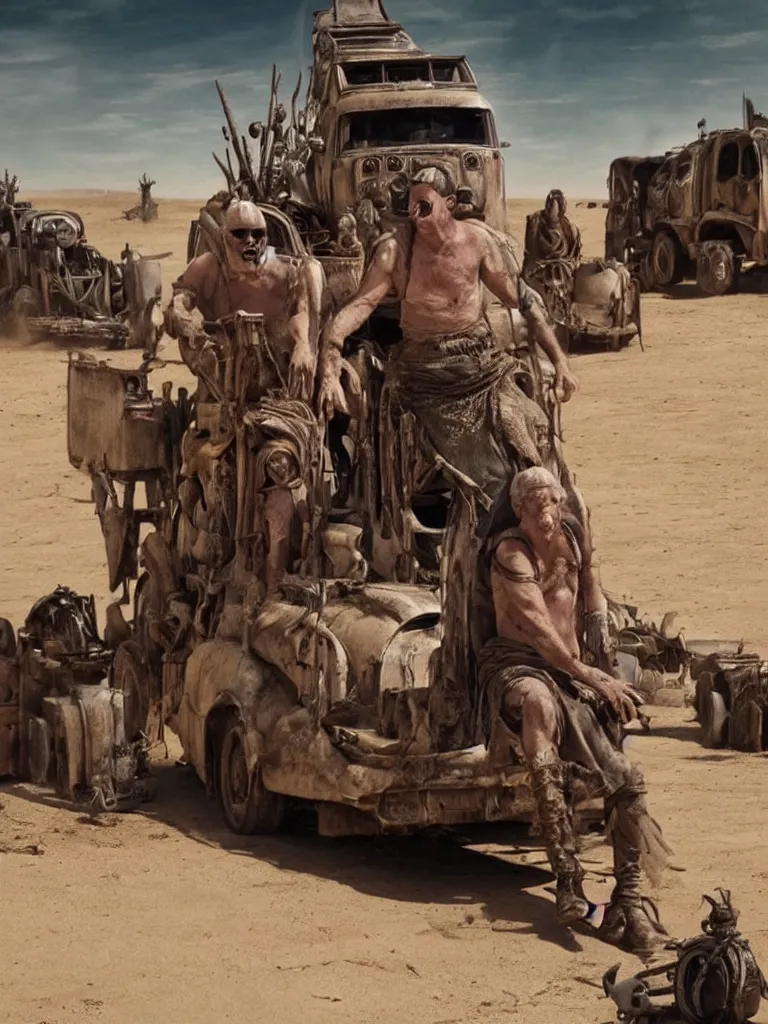 Image similar to pope franics in mad max: fury road (2016) photorealistic 8k promotional photo shot