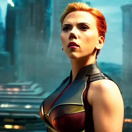 Image similar to scarlett johansson's batman, full pose, with cape, cape, cape, full length body shot, in a serene foreground, in a serene background