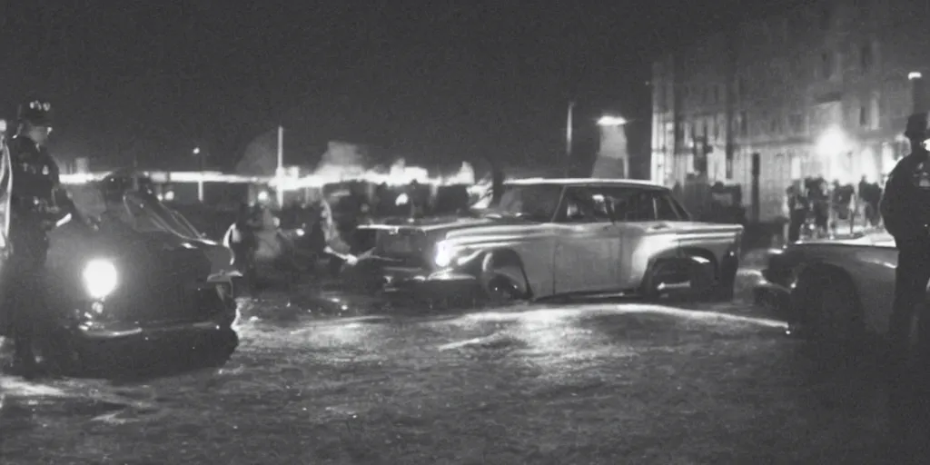 Image similar to film still of a car waiting in the night with two cops in it