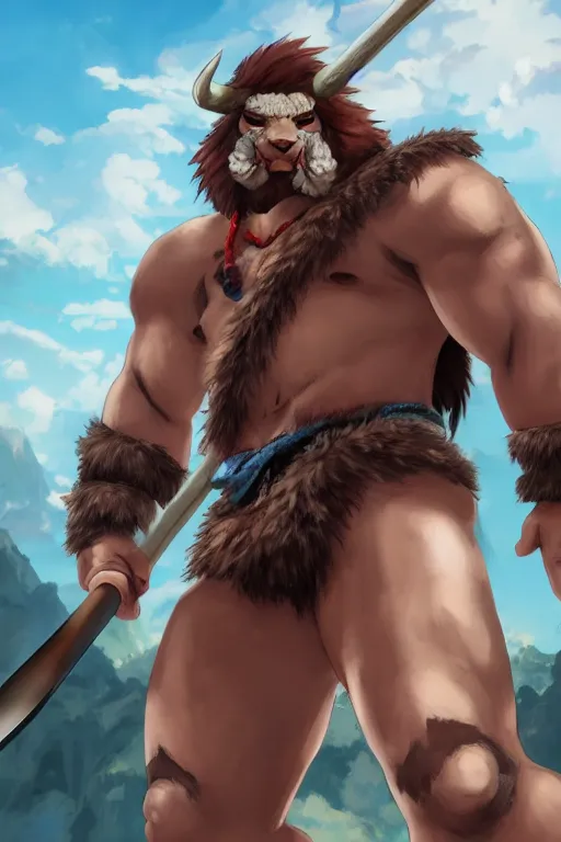 Prompt: bull barbarian wearing a loincloth holding an axe, fursona, anthro, male, detailed fur, anime key visual, portrait, makoto shinkai