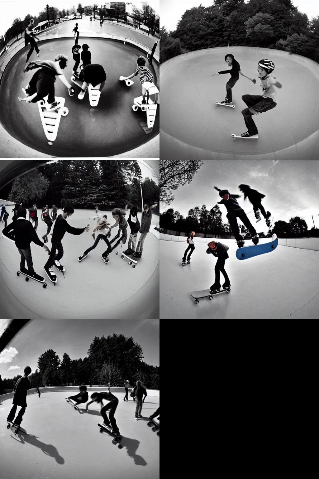 Prompt: teenagers skating in 1 9 9 8, fisheye lens, montage, film grain