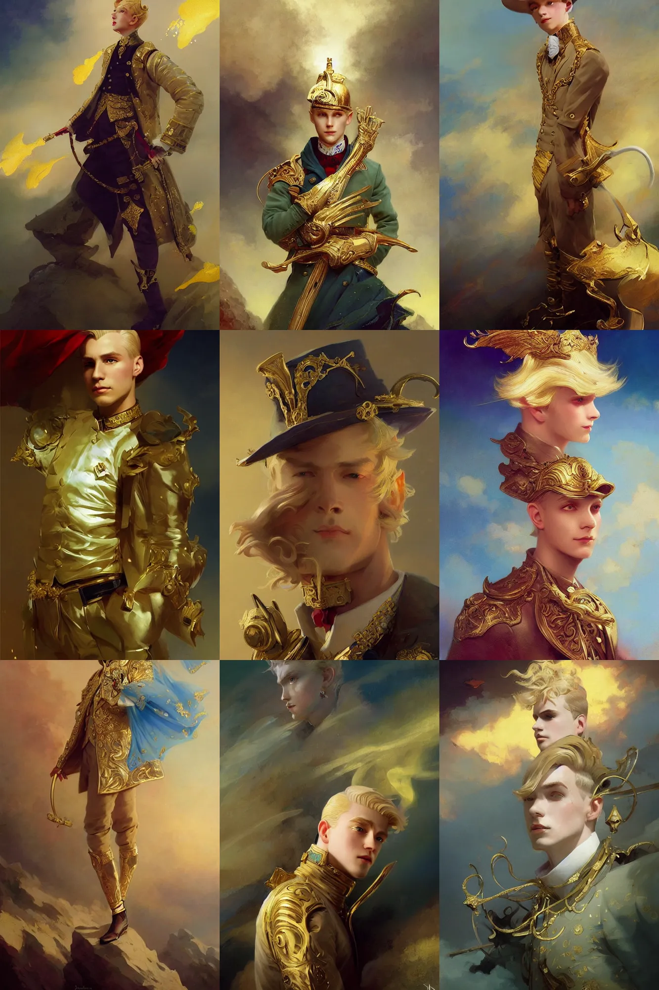 Prompt: beautiful young prince, blonde hair, gold, 1 9 2 0 s fashion, fantasy, art by joseph leyendecker, peter mohrbacher, ivan aivazovsky, ruan jia, reza afshar, marc simonetti