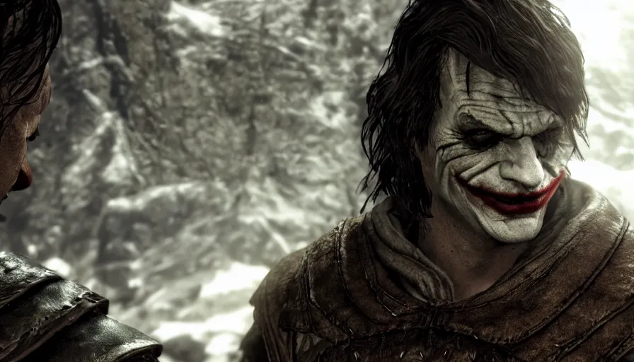 Image similar to close - up skyrim character screenshot of the joker talking to you, enb, 4 k, bokeh, beautiful, detailed