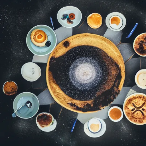 Image similar to the planetary system made our of food on a cafe table, photography, 4 k photo