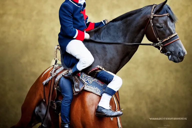 Image similar to closeup portrait of emmanuel macron dressed as napoleon riding a tiny miniature horse, natural light, sharp, detailed face, magazine, press, photo, steve mccurry, david lazar, canon, nikon, focus