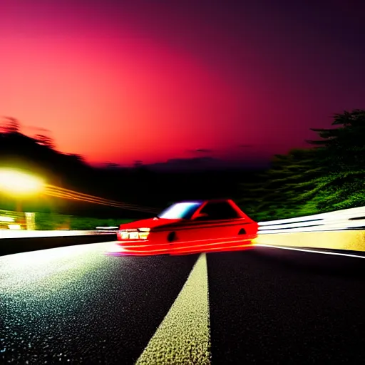 Image similar to a car drift spec JZX100 in middle of road, gunma prefecture, city sunset night, cinematic color, photorealistic, highly detailed