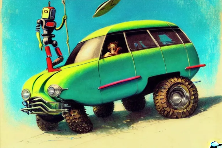 Prompt: adventurer ( ( ( ( ( 1 9 5 0 s retro future robot android badger surf wagon rv offroad robot. neon colors. sharp focus extremely detailed a surfboard rack on top ) ) ) ) ) by jean baptiste monge!!!!!!!!!!!!!!!!!!!!!!!!! chrome teal