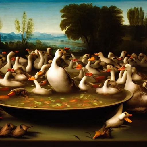 Image similar to ducks swimming in a big bowl of soup, renaissance painting, morning lighting, 8k