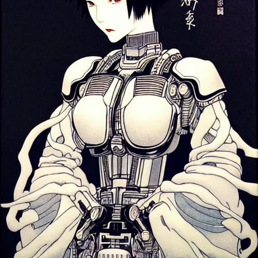 Prompt: prompt : black and white portrait soft light painted by takato yamamoto, tiara mecha attributes and armor, inspired by ghost in shell anime, smooth face feature, intricate oil painting, high detail, sharp high detail, manga and anime 1 9 8 0