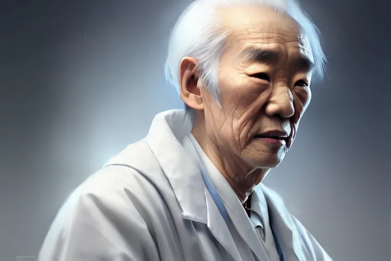 Image similar to a elegant and beautiful female doctor in a white coat, a chinese old man in wheelchair, cinematic, highly detailed, digital painting, artstation, concept art, matte, sharp focus, illustration, art by artgerm and greg rutkowski