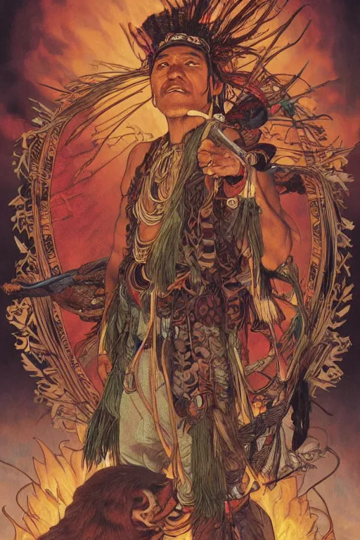 Image similar to serene scene of an apache medicine man telling stories around a fire, by artgerm and yoshitaka amano and moebius and alphonse mucha, hyperdetailed, dc comics, ornate, nebula, explosions in the sky, trending on artstation