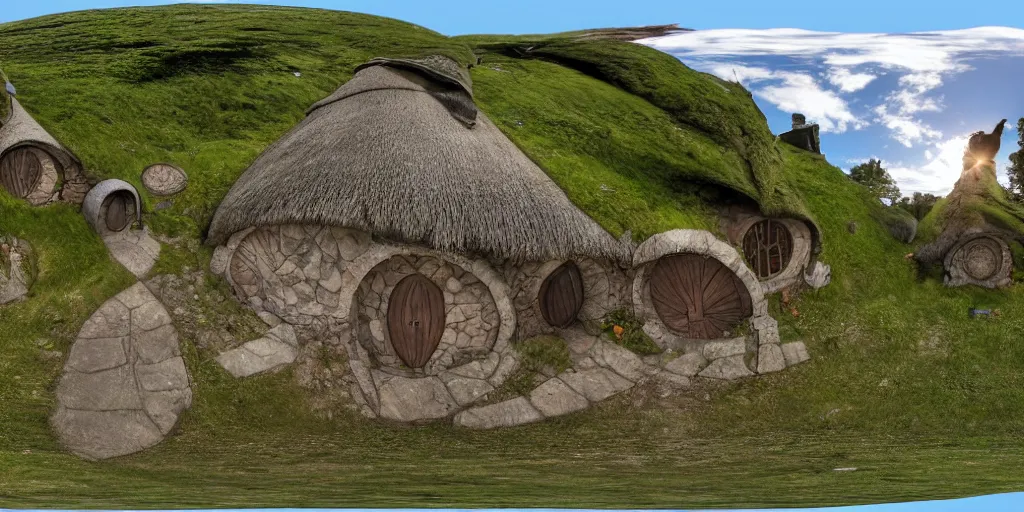 Image similar to seamless equirectangular projection of a 3 6 0 view inside hobbit village