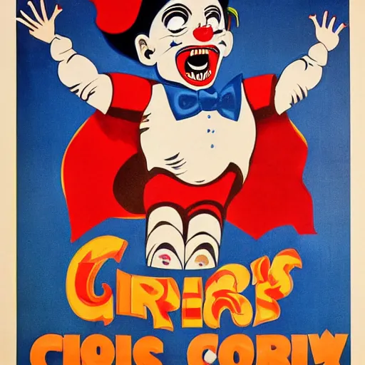 Image similar to poster advertising a circus, printed poster, creepy clown, roaring lion, 1 9 4 0 circus poster