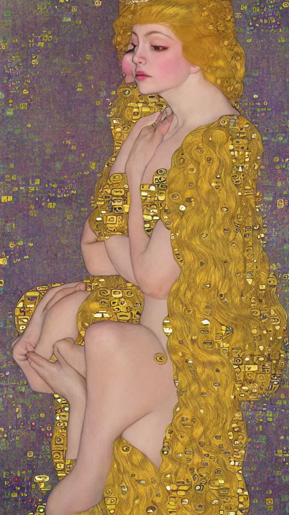 Image similar to a soft and breathtaking detailed painting of a full body sleeping blonde princess in the style of gustav klimt, blonde hair, shiny gold, elegant, highly detailed, artstation, fluo colors, concept art, matte, sharp focus, art by gustav klimt