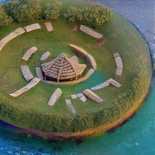 Image similar to Aerial establishing shot of circular wooden palisade with an orc-village inside