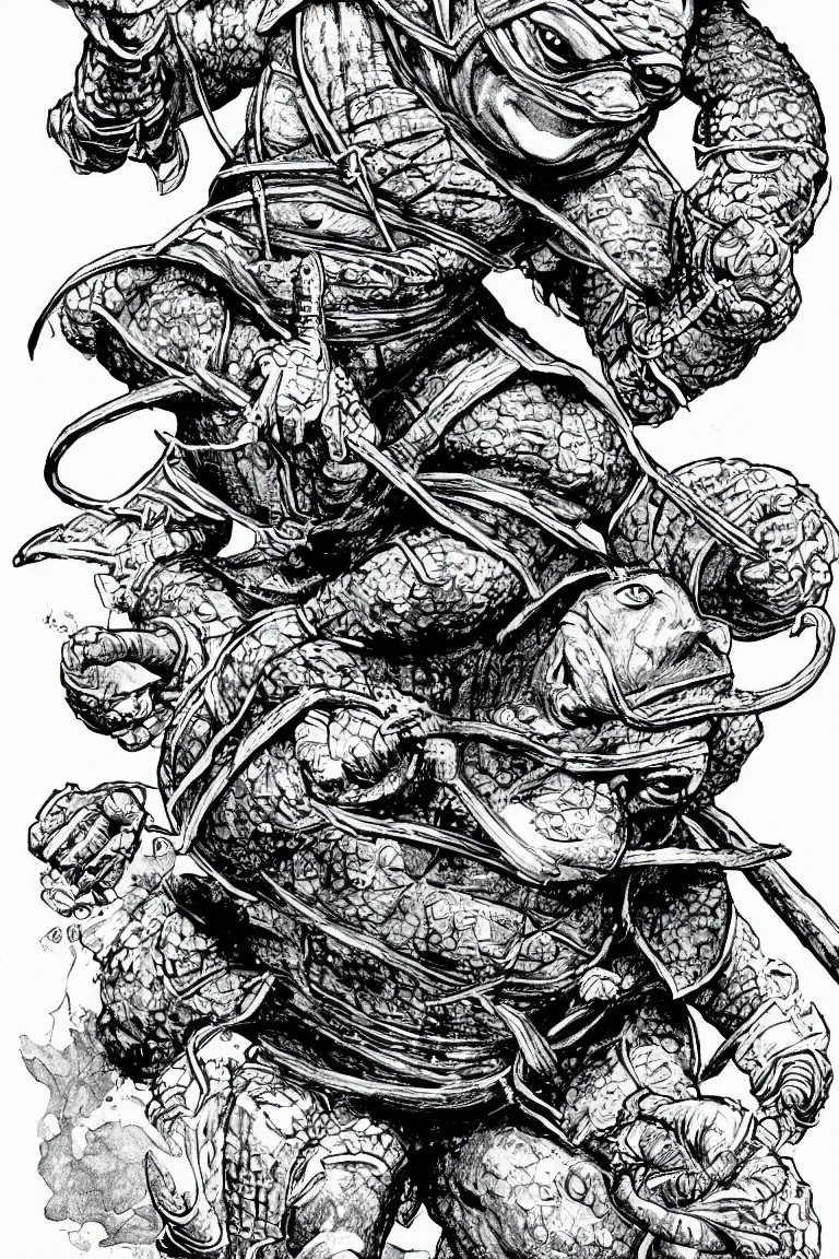 Prompt: Raphael the Ninja Turtle from the Dungeons and Dragons Monster Manual, line art illustration, 1981, high detail