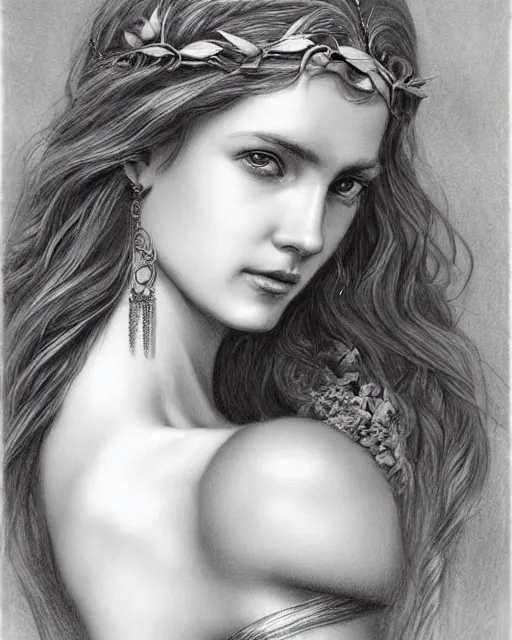 Image similar to pencil drawing of the very beautiful greek goddess aphrodite wearing a laurel wreath with arrowhead earrings, piercing eyes, beautiful flowing hair, hyper realistic face, in the style of greg rutkowski, fantasy, amazing detail, epic, elegant, smooth, sharp focus, young