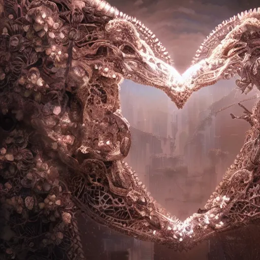 Image similar to biocomputer heart in intricate intertwined with white biocomputer flowers, biomechanical flowers, intricate environment, matte painting, diffused lighting, highly detailed cinematic, epic composition, highly detailed, atmospheric, wide angle, artstation trending