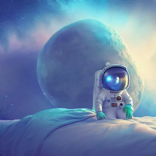 Prompt: astronaut sleeping in bed on moon, bioluminescence, vegetation, colorful, rim light, highly detailed, tilt shift, digital painting, concept art, smooth, sharp focus, pleasing aesthetics, 3 d render, octane render, disney pixar, 4 k