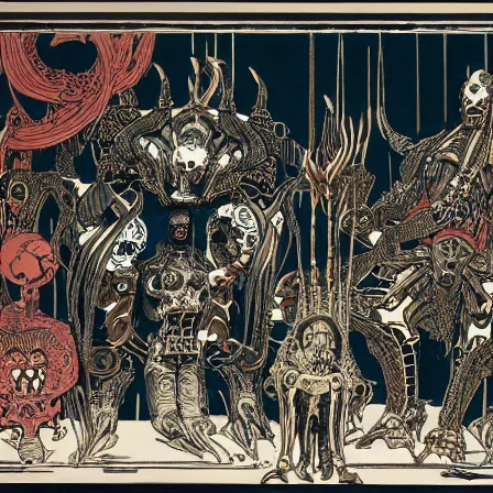 Image similar to still frame from Prometheus by Utagawa Kuniyoshi, lich king Dr doom in ornate bio cybernetic bone armour and skull mask helmet in hells bioship by Wayne Barlowe by peter Mohrbacher by Giger, dressed by Alexander McQueen and by Neri Oxman, metal couture hate couture editorial