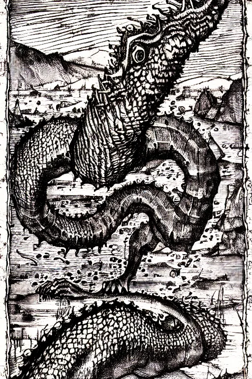 Image similar to ogopogo monster of the apocalypse, pen and ink illustration / renaissance woodcut by albrecht durer 1 4 9 6, 1 2 0 0 dpi scan, ultrasharp detail, hq scan, intricate details, stylized border