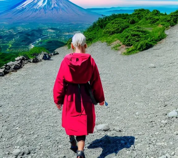 Image similar to beautiful silver hair young woman walking up Mount Fuji in the style of studio ghibli manga