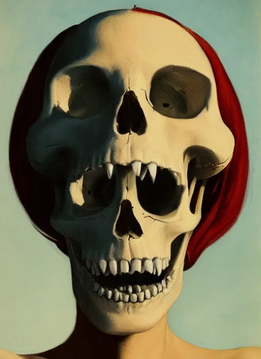 Image similar to portrait of a woman with half face skull, metal teeth upsidedown by Edward Hopper and James Gilleard, highly detailed